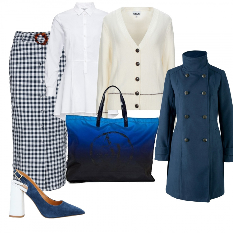 Outfit donna - Il cielo invernale. Stile Bon Ton per Serata fuori. Abbinamento con camicie, cappotti, gonne longuette, cardigans, décolleté, shopping bag.