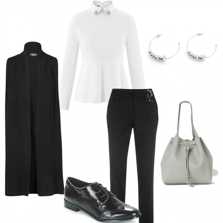 Outfit donna - Eleganza low cost. Stile Trendy per Ufficio. Abbinamento con scarpe stringate, maglieria, camicie, pantaloni chino, orecchini, borse a secchiello.