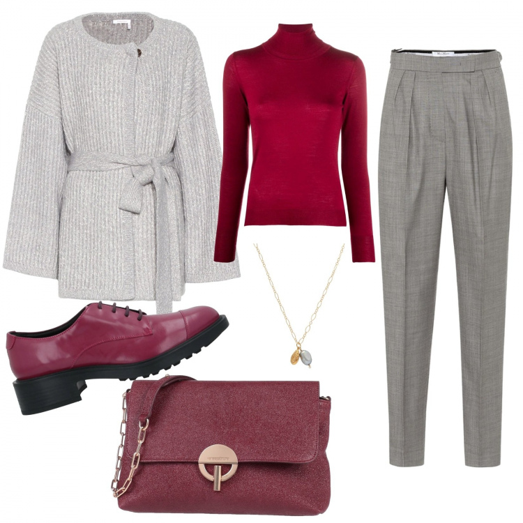Outfit donna - Classic. Stile Urban per Tutti i giorni. Abbinamento con scarpe stringate, borse a tracolla, maglioni, ciondoli, pantaloni, cardigans.