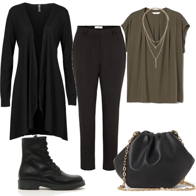 Outfit donna - Camicia verde. Abbinamento con cardigans, borse a mano, anfibi, camicie a manica corta, pantaloni, ciondoli.