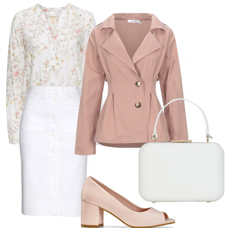 Outfit donna - Romantica. Stile Chic per Ufficio. Abbinamento con camicie, décolleté, gonne, blazer, borse a mano.