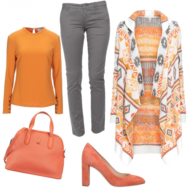 Outfit donna - Tendenze sfumature d autunno. Stile Trendy per Tutti i giorni. Abbinamento con cardigans, pantaloni, bluse, décolleté, borse a tracolla.