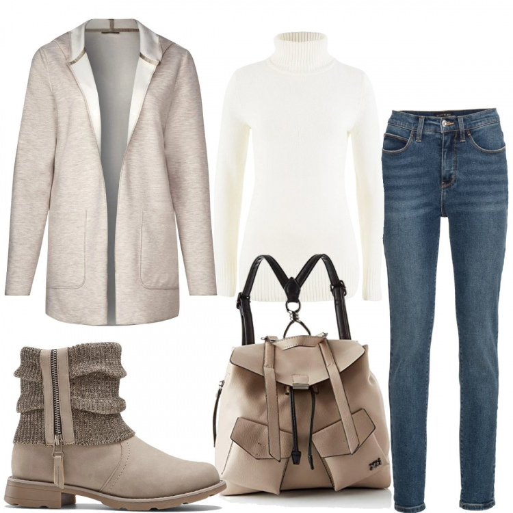 Outfit donna - Passeggiata. Stile Basic per Tutti i giorni. Abbinamento con maglieria, jeans skinny, stivaletti, cappotti, zaini.