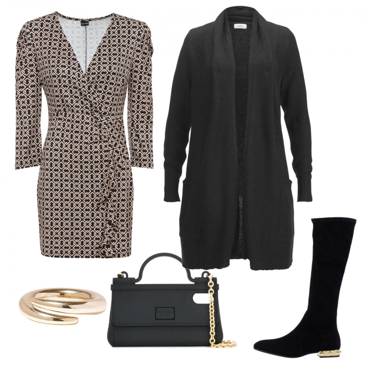 Outfit donna - Basic #43355. Stile Basic per Ufficio. Abbinamento con stivali, braccialetti, vestiti lunghi, cardigans, borse a mano.