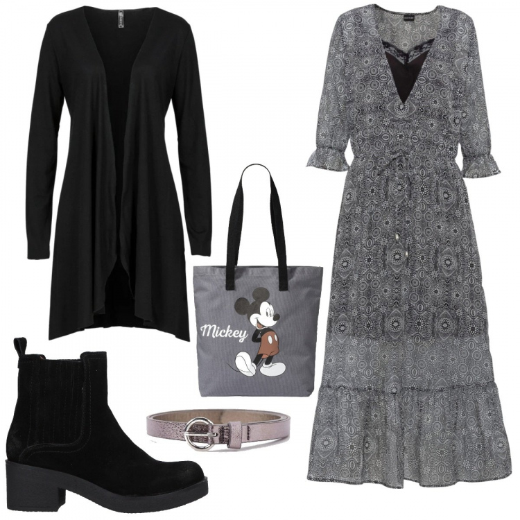 Outfit donna - 2021 trend: abito lungo e chelsea chunky. Stile Trendy per Tutti i giorni. Abbinamento con cardigans, shopping bag, shopping bag, stivaletti chelsea, cinture.