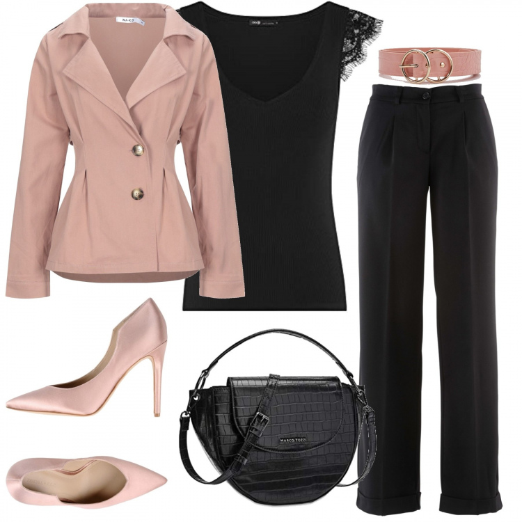 Outfit donna - Chic di lunedì. Stile Chic per Ufficio. Abbinamento con pantaloni, blazer, décolleté, cinture, top, borse a mano.