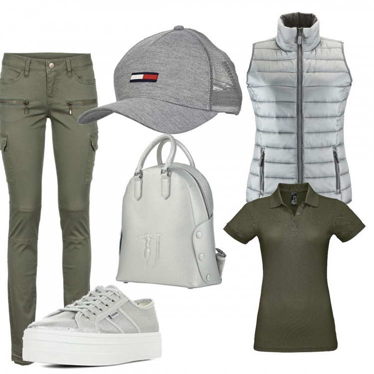 Outfit donna - Giro in citta. Stile Urban per Tutti i giorni. Abbinamento con pantaloni cargo, zaini, polo, gilet, cappelli, sneakers.