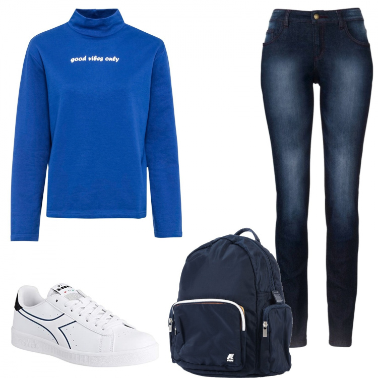 Outfit donna - School. Stile Basic per Scuola/Università. Abbinamento con jeans skinny, felpe, zaini, sneakers.