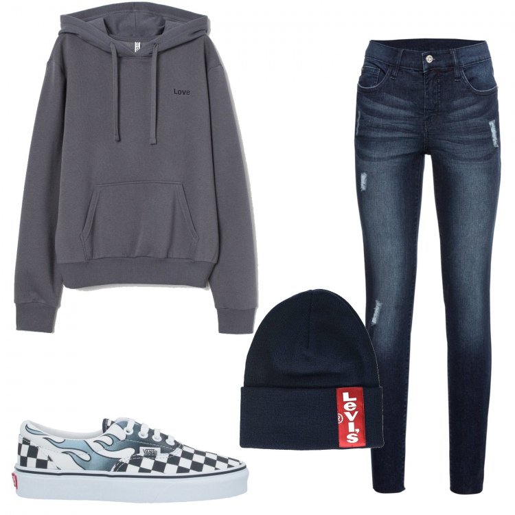 Outfit donna - Urban outfit. Stile Urban per Tutti i giorni. Abbinamento con jeans strappati, sneakers, berretti, felpe con cappuccio.