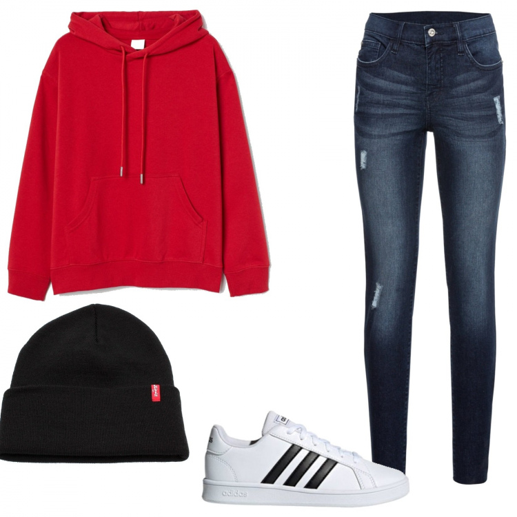 Outfit donna - Outfit invernale. Stile Basic per Tutti i giorni. Abbinamento con jeans strappati, sneakers, berretti, felpe con cappuccio.
