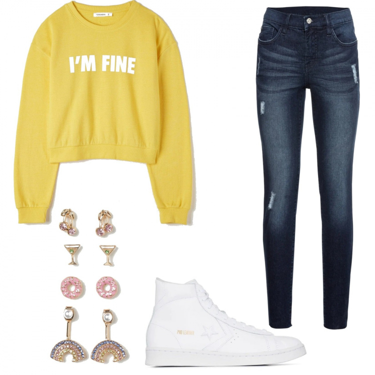 Outfit donna - I\'m fine. Stile Trendy per Tutti i giorni. Abbinamento con jeans strappati, felpe, sneakers, orecchini.