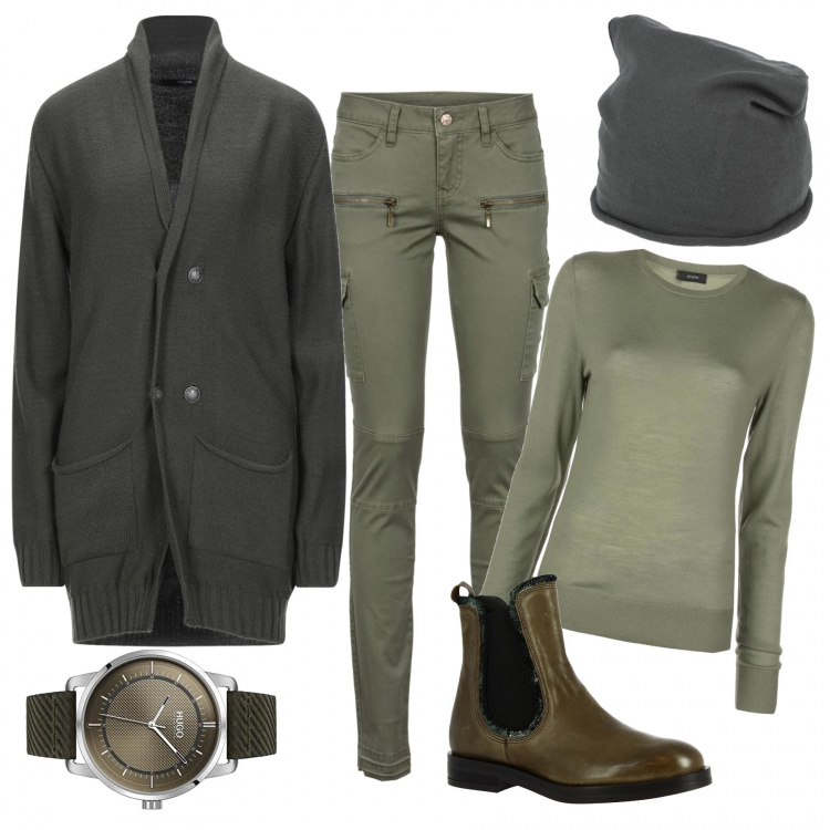 Outfit donna - Basic #43398. Stile Basic per Tutti i giorni. Abbinamento con pantaloni cargo, cardigans, cappelli, stivaletti chelsea, maglioni, orologi analogici.