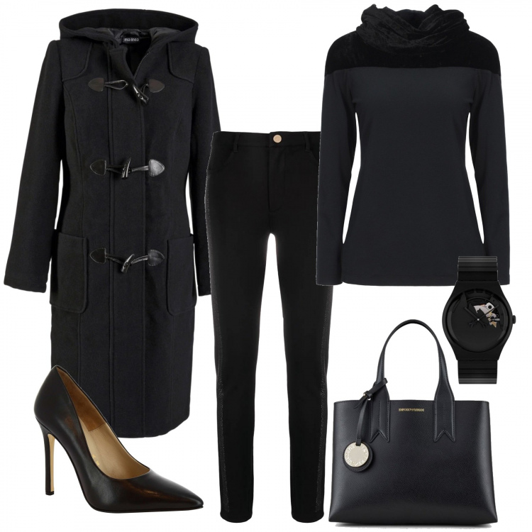 Outfit donna - Total black. Stile Trendy per Tutti i giorni. Abbinamento con montgomery, t-shirt, décolleté, pantaloni skinny, borse tote, orologi.