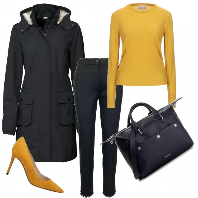 Outfit donna - Giallo e nero. Stile Trendy per Tutti i giorni. Abbinamento con parka, décolleté, pullovers, borse a mano, pantaloni.