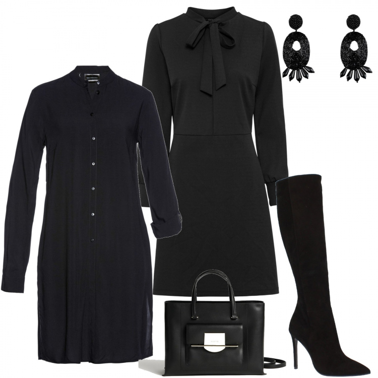 Outfit donna - Chiccosa in nero. Stile Chic per Tutti i giorni. Abbinamento con camicie, vestiti, orecchini, borse a mano, stivali sopra il ginocchio.