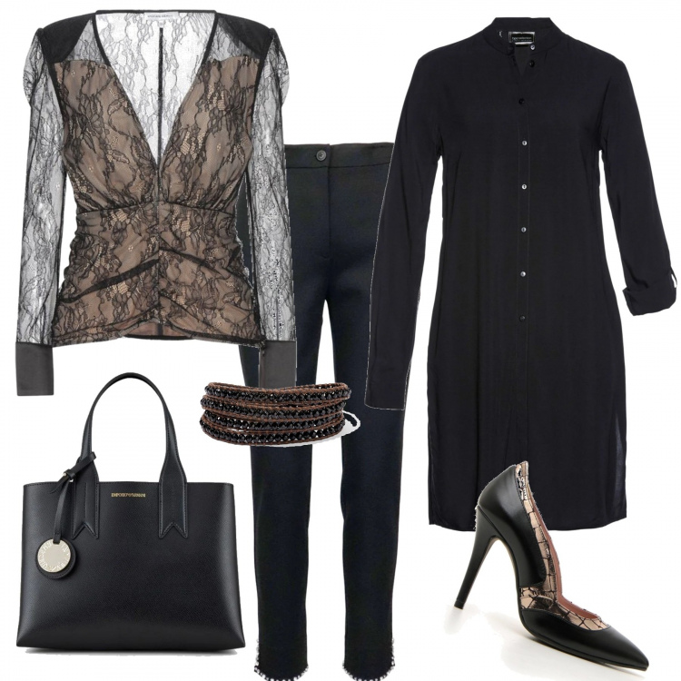 Outfit donna - Trendy #81615. Stile Trendy per Tutti i giorni. Abbinamento con camicie, bluse, collane, décolleté, borse tote, pantaloni.