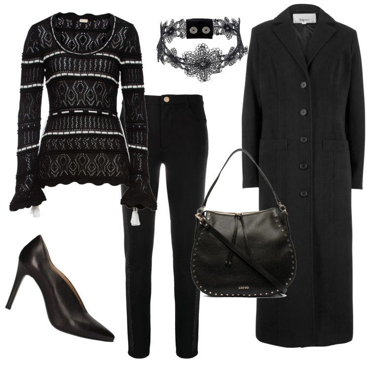 Outfit donna - Black style. Stile Chic per Tutti i giorni. Abbinamento con cappotti, maglioni, décolleté, borse a tracolla, collane, pantaloni skinny.