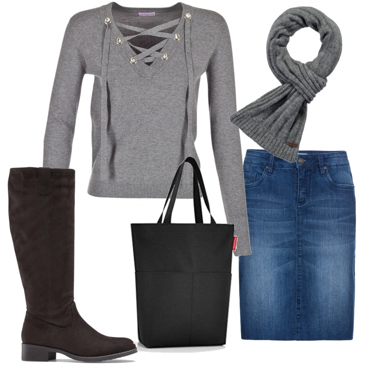 Outfit donna - Gonna jeans. Stile Basic per Tutti i giorni. Abbinamento con stivali, gonne, maglioni, sciarpe, borse a spalla.