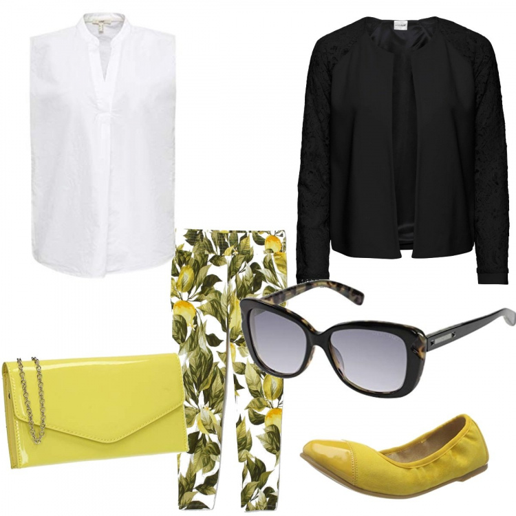Outfit donna - Toni di giallo. Stile Bon Ton per Tutti i giorni. Abbinamento con blazer, occhiali da sole, ballerine, pantaloni, pochette, camicie.