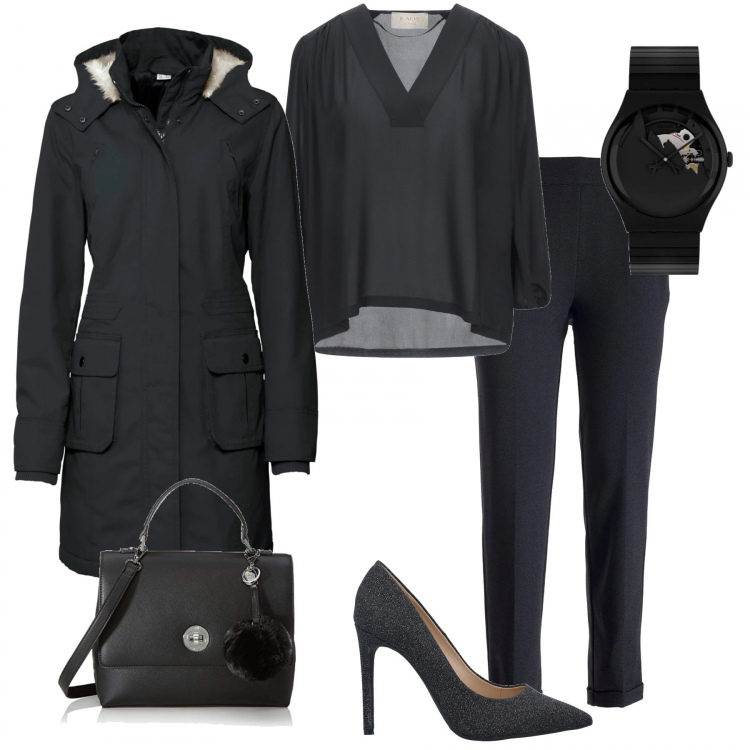 Outfit donna - Trendy #81652. Stile Trendy per Ufficio. Abbinamento con parka, bluse, décolleté, pantaloni chino, orologi, borse a mano.