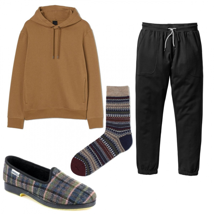 Outfit uomo - Smartworking man. per Tutti i giorni. Abbinamento con pantaloni sportivi, pantofole, felpe con cappuccio, calzini.