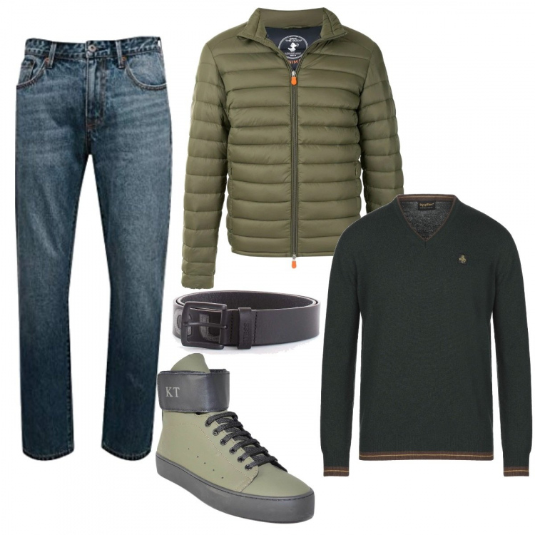 Outfit uomo - Jeans versatile. Stile Casual per Tutti i giorni. Abbinamento con sneakers alte, cinture, piumini, pullovers, jeans dritti.