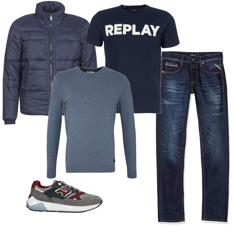 Outfit uomo - Total look monomarca. Stile Casual per Tutti i giorni. Abbinamento con piumini, t-shirt, sneakers, jeans dritti, pullovers.