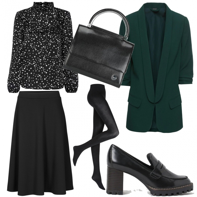 Outfit donna - Relaxed elegance. Stile Bon Ton per Tutti i giorni. Abbinamento con blazer, gonne longuette, bluse, collant, borse a mano, mocassini.