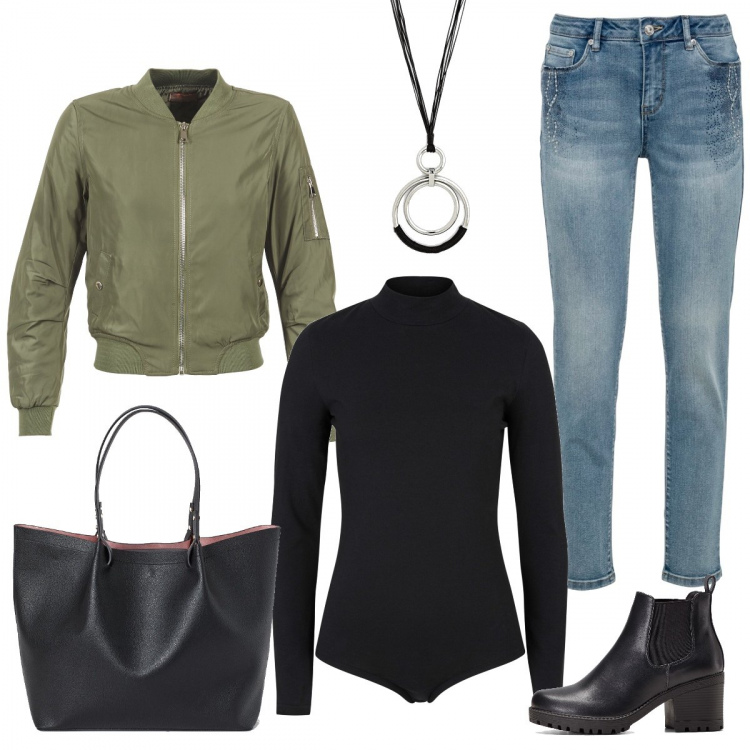 Outfit donna - Urban #30596. Stile Urban per Tutti i giorni. Abbinamento con stivaletti chelsea, jeans skinny, body, collane, giacche, shopping bag.