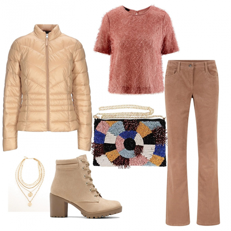 Outfit donna - Incontri con i clienti di lunedi. Stile Bon Ton per Ufficio. Abbinamento con pantaloni, stivaletti, collane, piumini, top, borse a spalla.