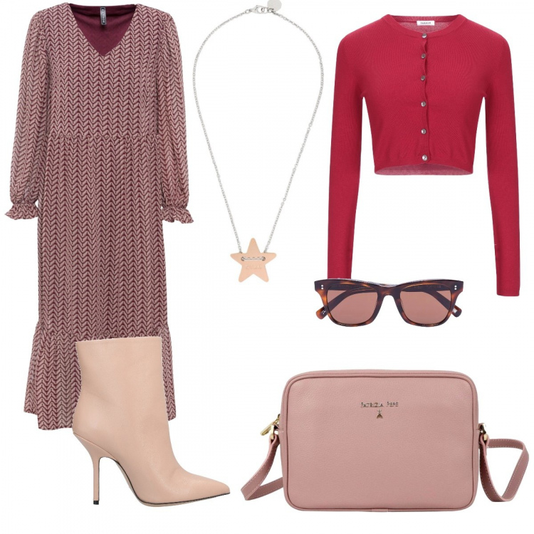 Outfit donna - Urban #30609. Stile Urban per Tutti i giorni. Abbinamento con vestiti corti, collane, stivaletti, cardigans, occhiali da sole, borse a tracolla.