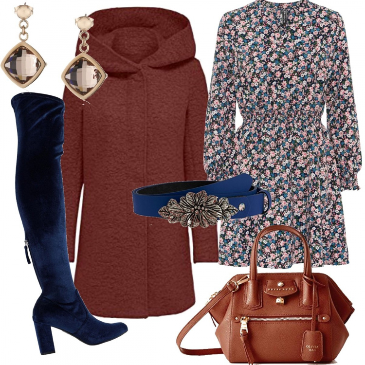 Outfit donna - Femminile e chic. Stile Trendy per Ufficio. Abbinamento con stivali, vestiti, cappotti, cinture, orecchini, borse a mano.