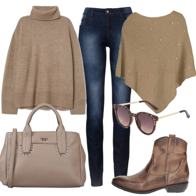 Outfit donna - Sole autunnale. Stile Trendy per Tutti i giorni. Abbinamento con jeans skinny, borse a mano, stivaletti, pullovers, cappotti, occhiali da sole.