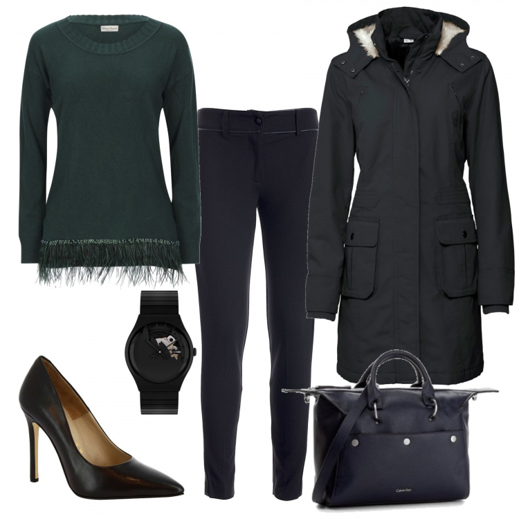 Outfit donna - Trendy #81908. Stile Trendy per Tutti i giorni. Abbinamento con parka, pullovers, pantaloni skinny, décolleté, borse a mano, orologi.
