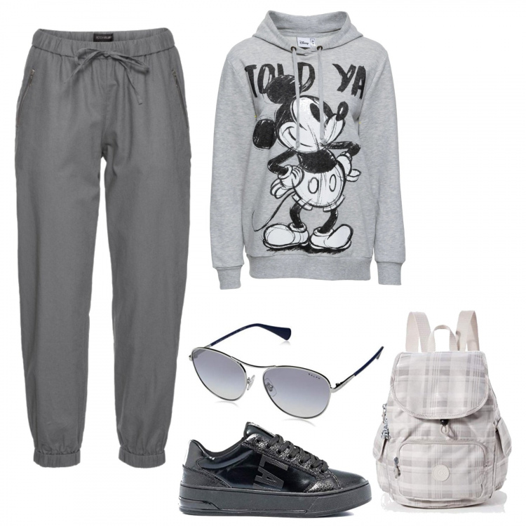 Outfit donna - Comodamente in giro. Stile Basic per Tutti i giorni. Abbinamento con pantaloni, felpe con cappuccio, sneakers, zaini, occhiali da sole.