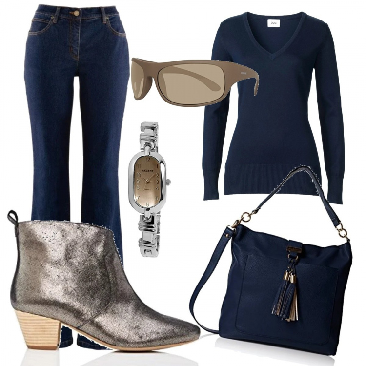 Outfit donna - Blu. Stile Trendy per Tutti i giorni. Abbinamento con maglieria, jeans bootcut, borse a tracolla, orologi analogici, occhiali da sole, stivaletti texani.