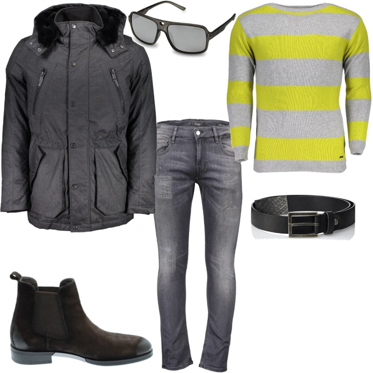 Outfit uomo - Total look Guess per tutti i giorni. Stile Casual per Tutti i giorni. Abbinamento con jeans, maglioni, piumini, stivali e stivaletti, occhiali da sole, cinture.