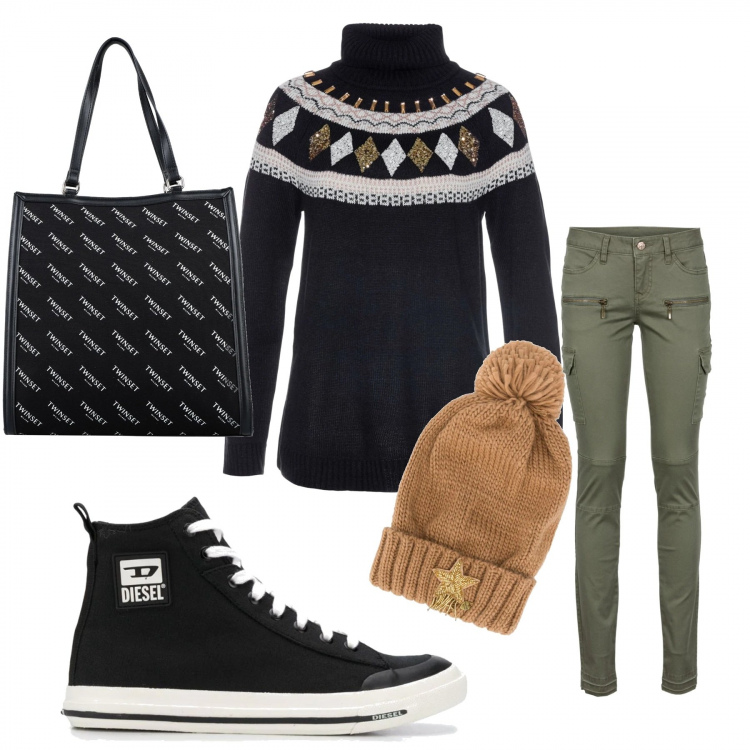 Outfit donna - Corso di storia dell\'arte. Stile Urban per Scuola/Università. Abbinamento con pantaloni cargo, maglioni, borse a mano, berretti, sneakers.