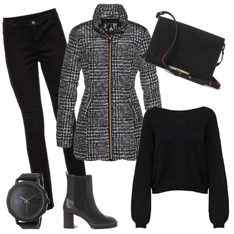 Outfit donna - Grinta e personalità. Stile Trendy per Tutti i giorni. Abbinamento con giacche, pantaloni skinny, pullovers, stivaletti, orologi, borse a mano.
