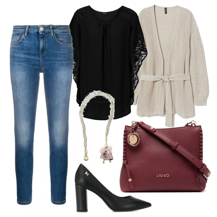 Outfit donna - Jeans e décolleté. Stile Urban per Ufficio. Abbinamento con bluse, ciondoli, borse a spalla, décolleté, jeans skinny, cardigans.