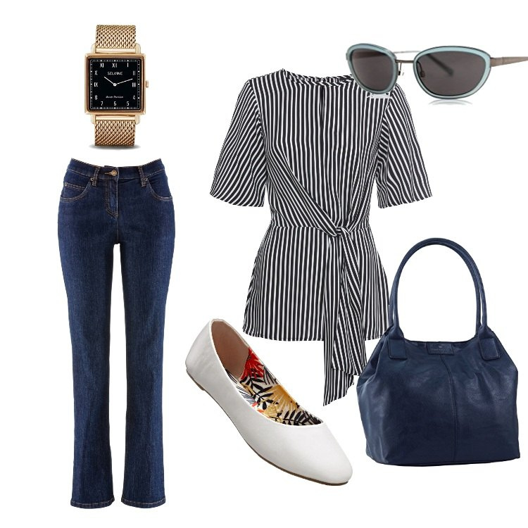 Outfit donna - Righe Bon Ton. Stile Bon Ton per Tutti i giorni. Abbinamento con jeans dritti, bluse, ballerine, shopping bag, occhiali da sole, orologi analogici.