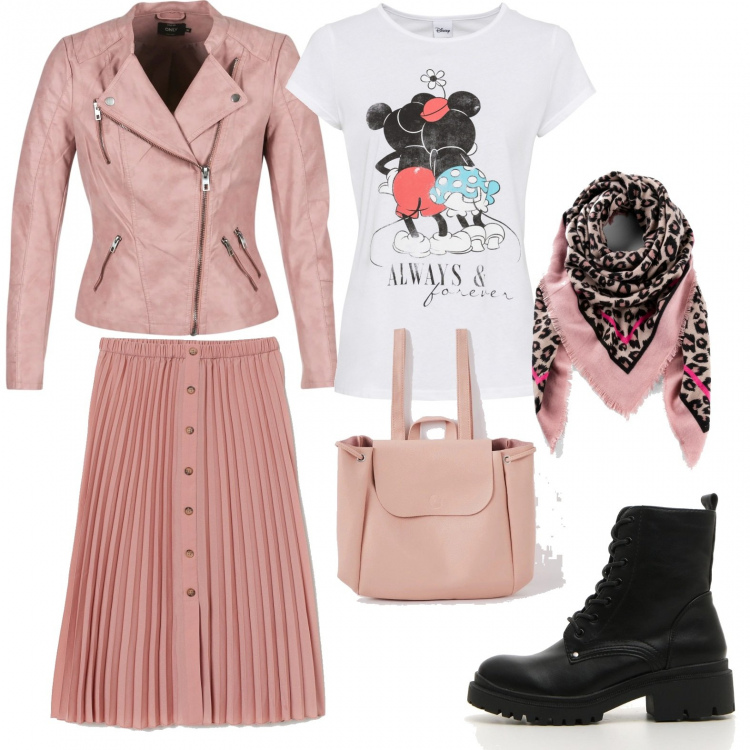 Outfit donna - In tinta rosè. Stile Urban per Scuola/Università. Abbinamento con foulard, t-shirt, zaini, giacche, anfibi, gonne.