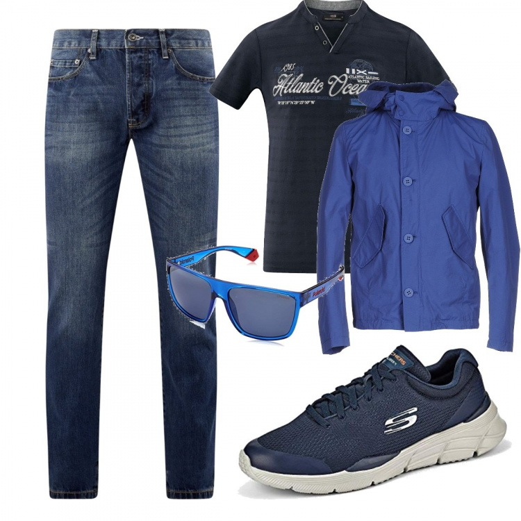 Outfit uomo - Casual #23750. Stile Casual per Tutti i giorni. Abbinamento con bomber, sneakers, jeans slim fit, t-shirt, occhiali da sole.
