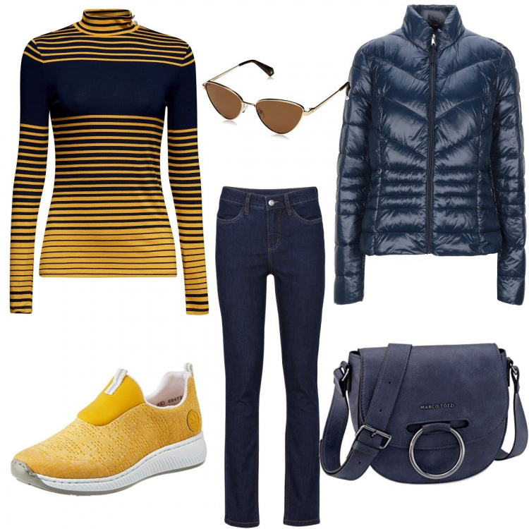 Outfit donna - Basic #43556. Stile Basic per Tutti i giorni. Abbinamento con jeans, piumini, pullovers, sneakers, borse a tracolla, occhiali da sole.