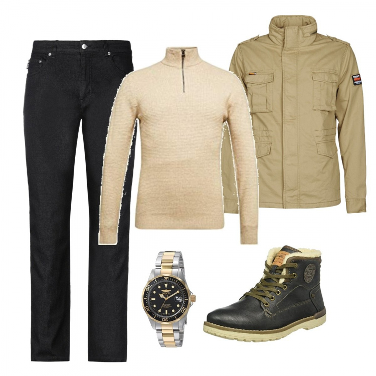 Outfit uomo - Pullover con zip. Stile Trendy per Tutti i giorni. Abbinamento con parka, jeans dritti, pullovers, stivali e stivaletti, orologi.