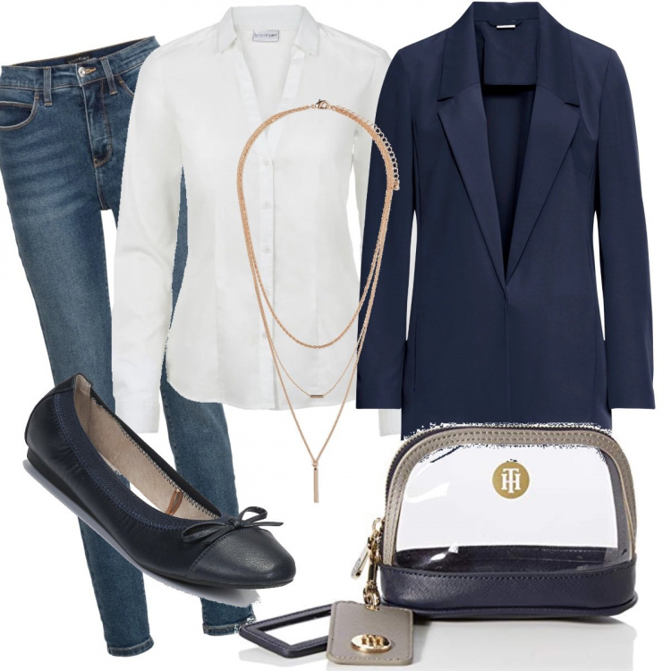 Outfit donna - Jeans camicia bianca e giacca. Stile Bon Ton per Ufficio. Abbinamento con jeans skinny, camicie, blazer, ballerine, borse a tracolla, ciondoli.