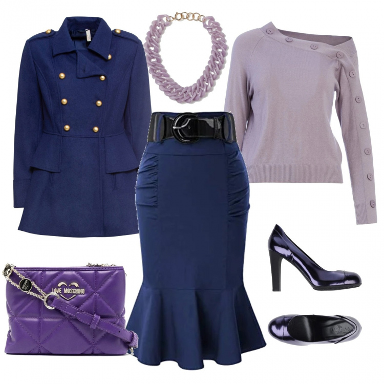 Outfit donna - Eleganza blu e viola. Stile Trendy per Serata fuori. Abbinamento con cappotti, décolleté, maglieria, borse a tracolla, gonne longuette, collane.