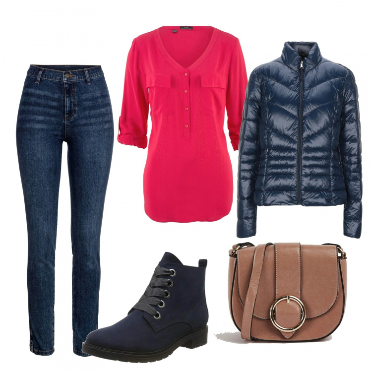 Outfit donna - Urban #30744. Stile Urban per Tutti i giorni. Abbinamento con bluse, jeans skinny, piumini, borse a tracolla, stivaletti.