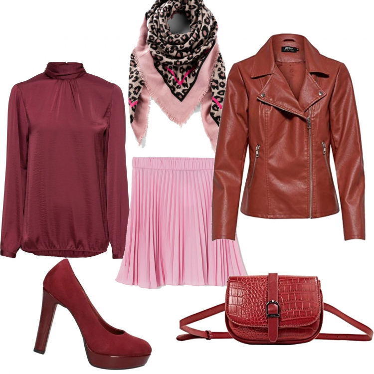 Outfit donna - <25 rosso e rosa animalier. Stile Rock per Serata fuori. Abbinamento con foulard, bluse, décolleté, blazer, minigonne, borse a spalla.