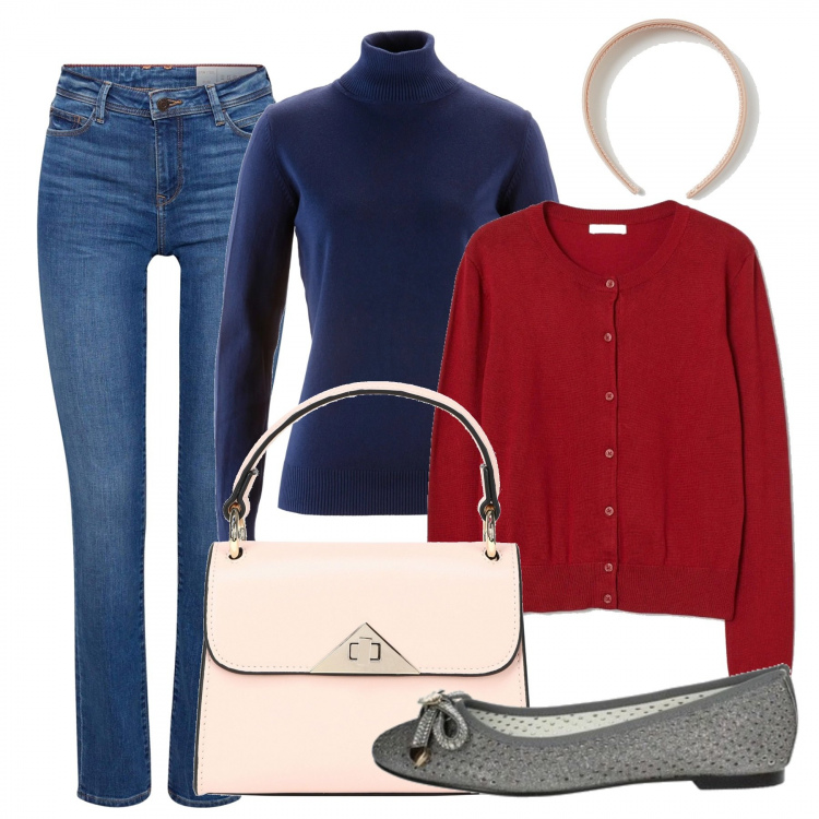 Outfit donna - Eleganza del rosso. Stile Bon Ton per Tutti i giorni. Abbinamento con maglieria, borse a mano, ballerine, cardigans, jeans, cerchietti.